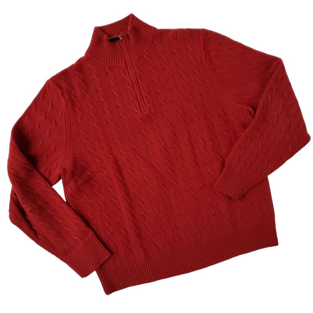 J. Crew Large Red Quarter Zip Cable Knit Men's Sweater Lambs Wool